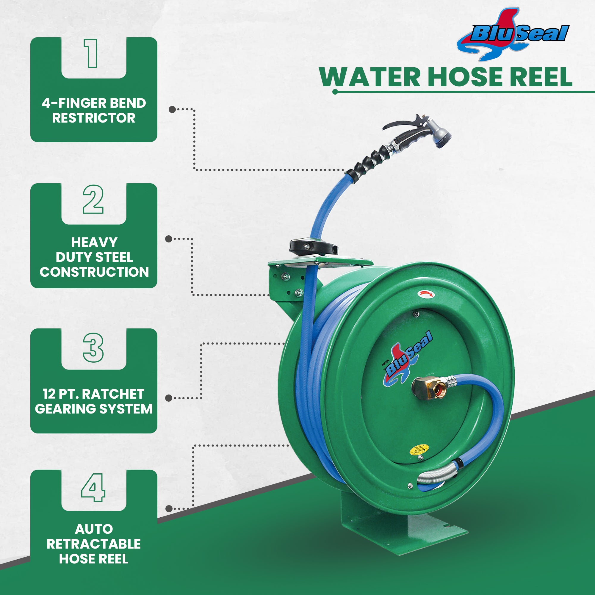 BluSeal Water Hose Reel-HD 13MM x 15M  Including Spray Nozzle - Green