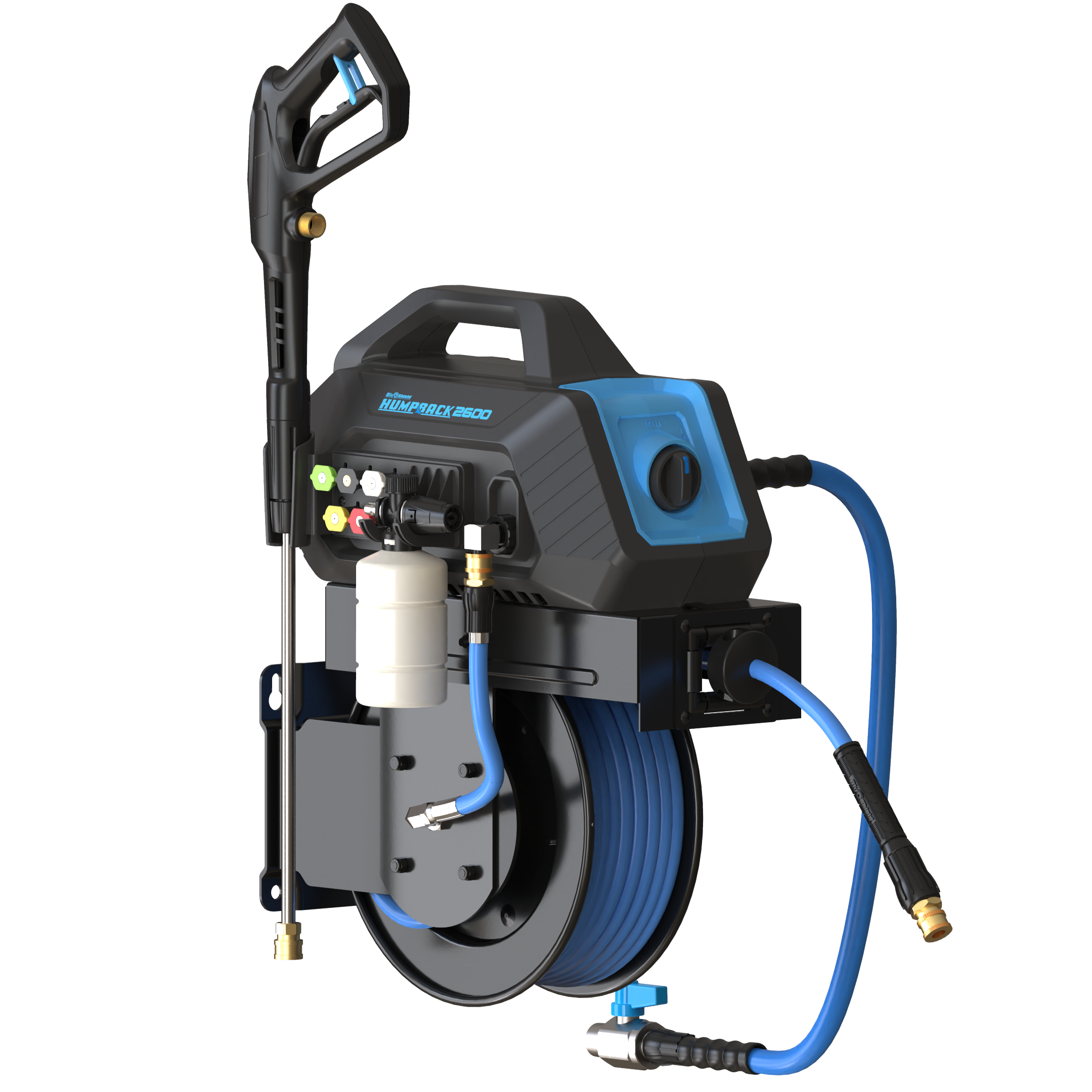 Humpback Pressure Washer Hose Reel 06MM x 15M - In-Bulit Pressure Pump 2600 PSI Including Foam Canon, Gun and Accessories